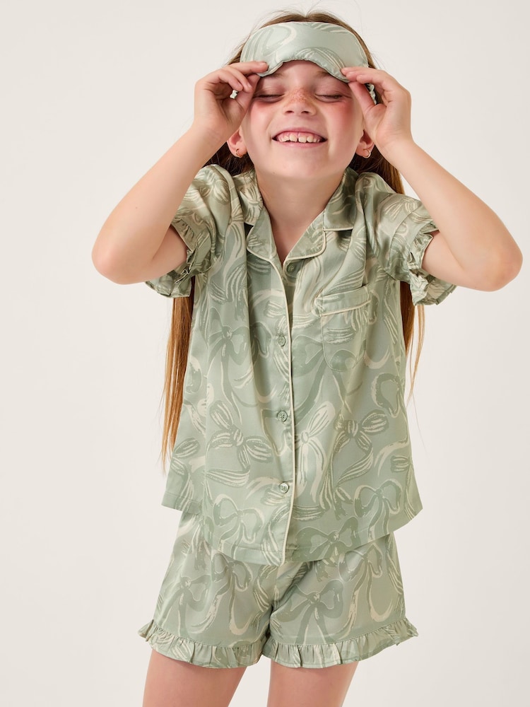 Monsoon Green Bow Print Pyjamas & Sleep Mask Set - Image 1 of 4