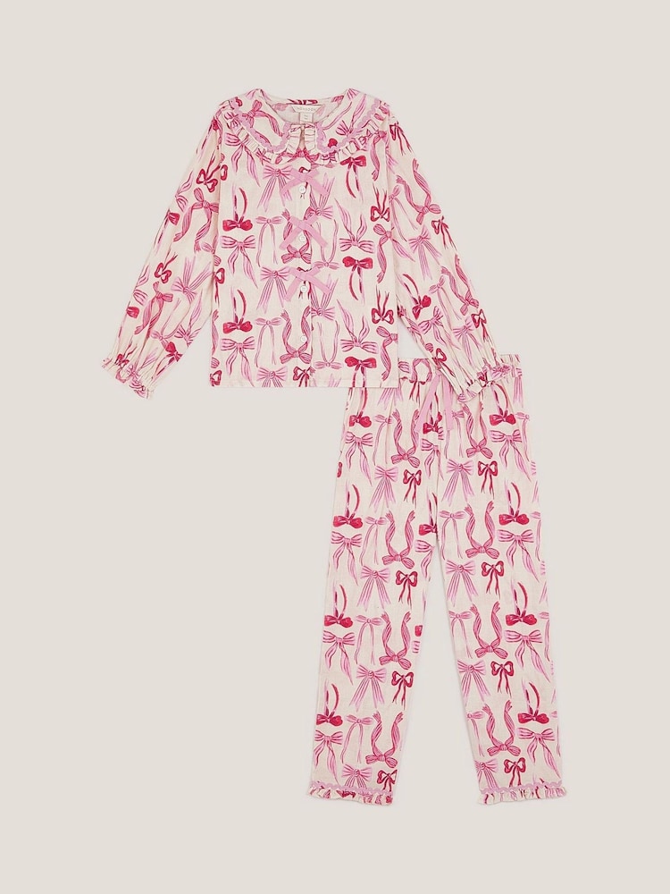 Monsoon Cream Bow Print Long Pyjamas Set - Image 2 of 4