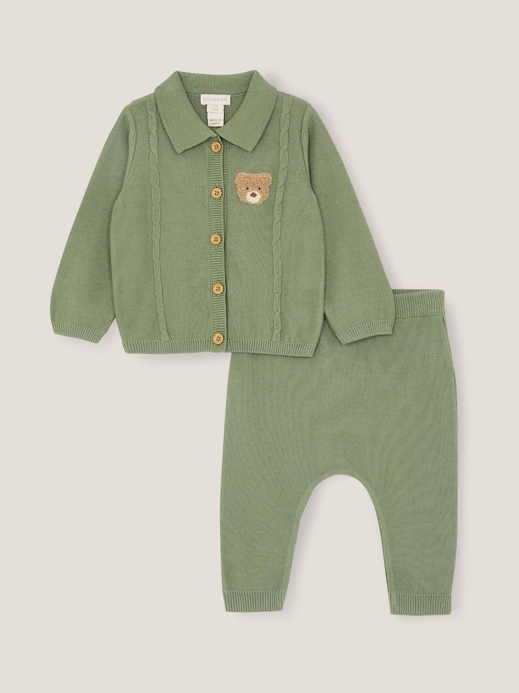 Monsoon Green Newborn Benny Bear Cable Knit Set - Image 1 of 3