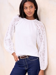 Lipsy White Lace Blouson Sleeve Blouse - Image 1 of 4