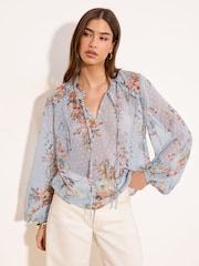 Lipsy Light Blue Floral Tie Neck Blouse - Image 1 of 4