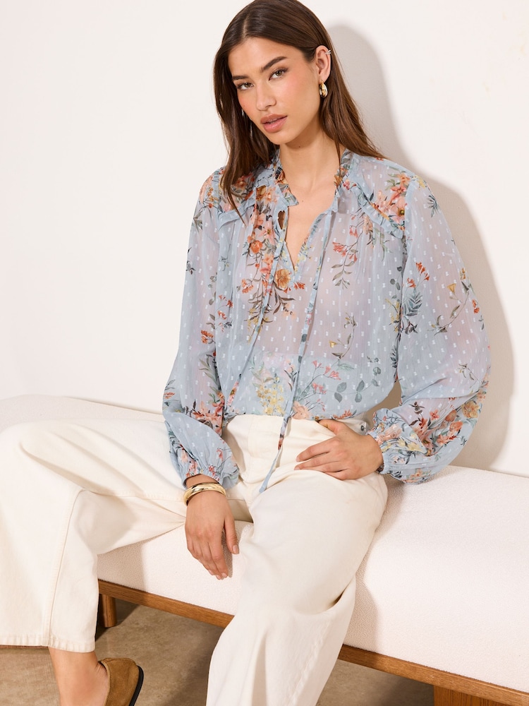 Lipsy Light Blue Floral Tie Neck Blouse - Image 2 of 4