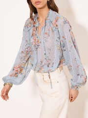 Lipsy Light Blue Floral Tie Neck Blouse - Image 3 of 4
