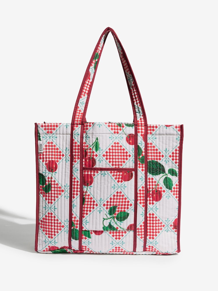 Love & Roses Red Cherry Print Oversized Quilted Tote Bag - Image 1 of 8 Love & Roses Red Cherry Print Oversized Quilted Tote Bag - Image 1 of 8