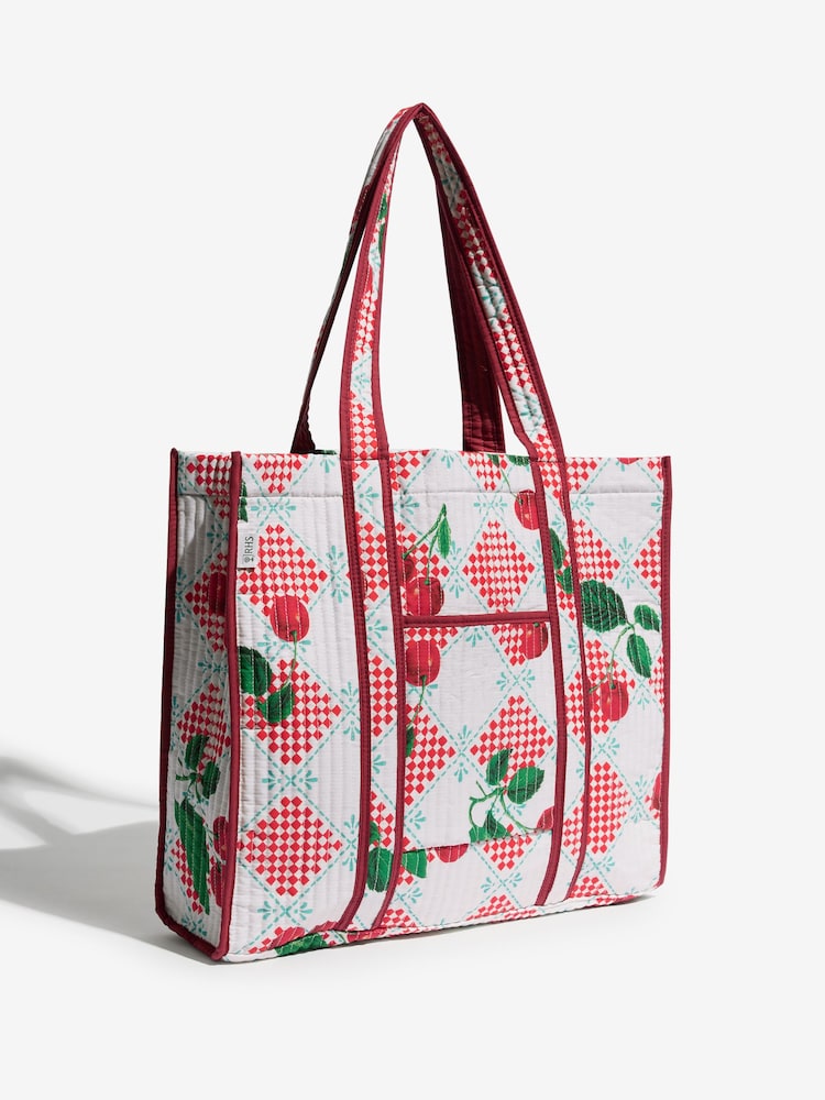 Love & Roses Red Cherry Print Oversized Quilted Tote Bag - Image 2 of 8 Love & Roses Red Cherry Print Oversized Quilted Tote Bag - Image 2 of 8