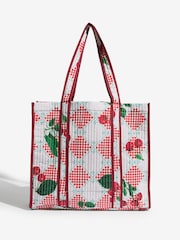 Love & Roses Red Cherry Print Oversized Quilted Tote Bag - Image 4 of 8