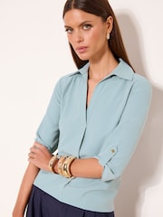 Lipsy Duck Egg Blue V-Neck 3/4 Sleeve Collared Blouse - Image 1 of 4