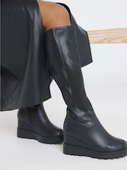 Simply Be Black Extra Wide Fit Stretch Wedge Knee High Boots - Image 1 of 4