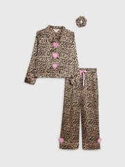 River Island Brown Girls Leopard Shirt & Trouser Pyjamas Set - Image 1 of 3