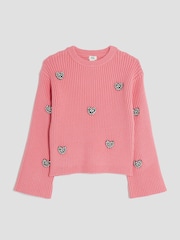 River Island Pink Girls Embellished Heart Jumper - Image 1 of 4