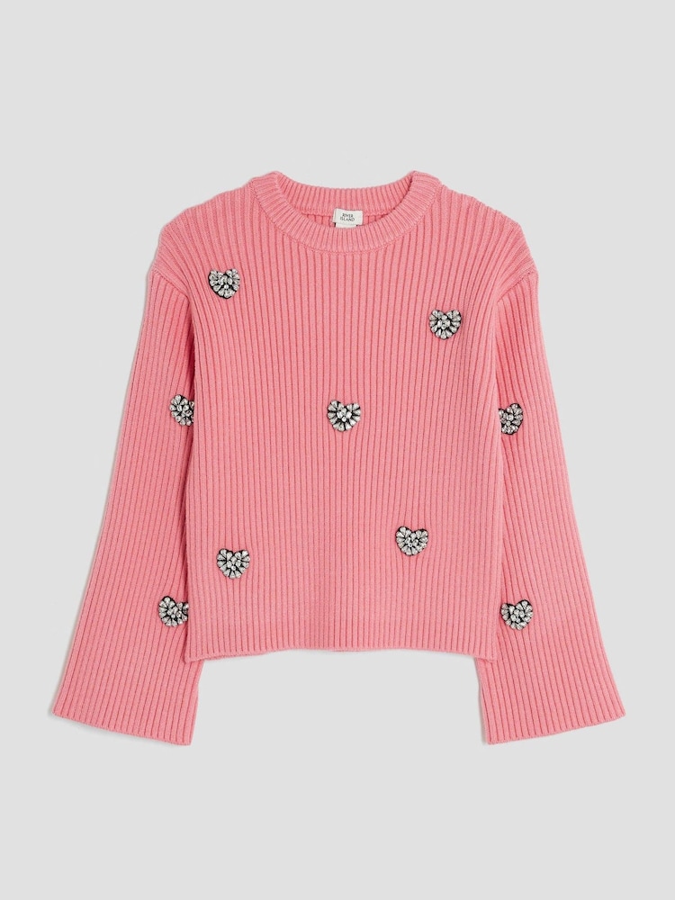 River Island Pink Girls Embellished Heart Jumper - Image 1 of 4