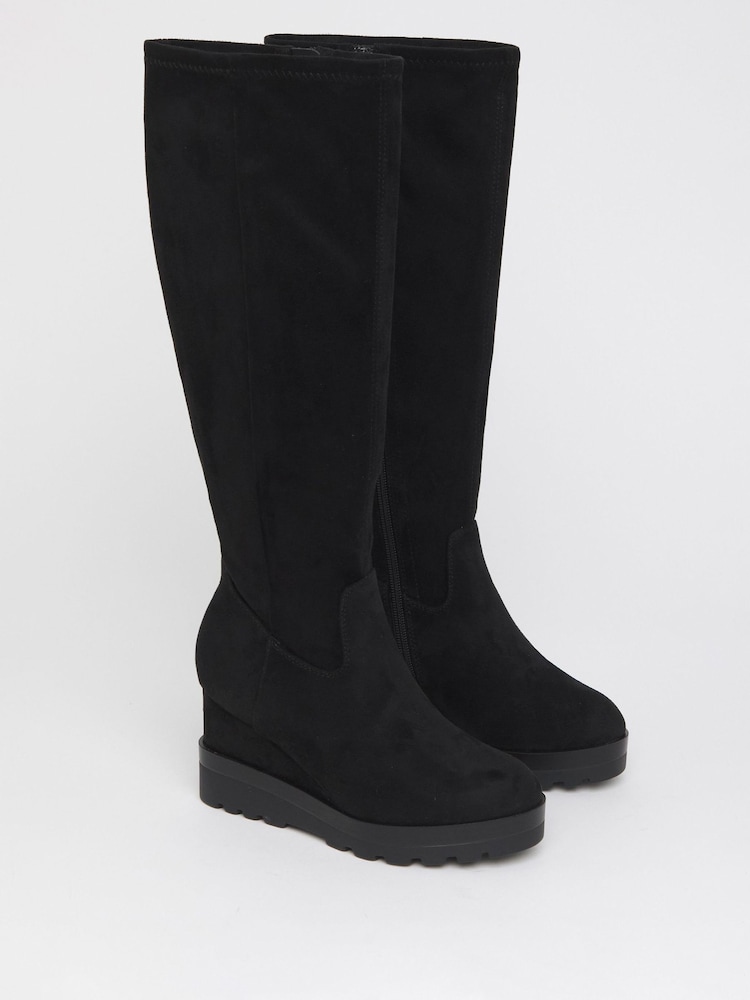Simply Be Soft Black Extra Wide Fit Stretch Wedge Knee High Boots