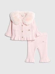 River Island Pink Baby Girls Fur Collared Cardigan Set - Image 1 of 4
