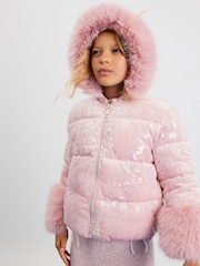 River Island Pink Girls Sequin Puffer Coat - Image 2 of 6