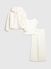 River Island White Girls 3 Piece Heart Print Hoodie Pyjamas Set - Image 1 of 5