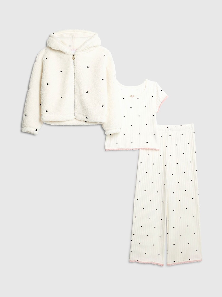River Island White Girls 3 Piece Heart Print Hoodie Pyjamas Set - Image 1 of 5