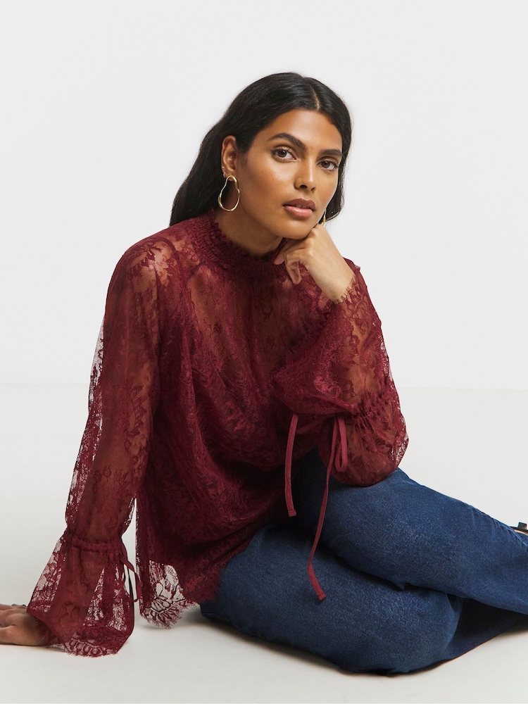Simply Be Red Eyelash Lace Top With Sleeve Detail - Image 1 of 4 Simply Be Red Eyelash Lace Top With Sleeve Detail - Image 1 of 4