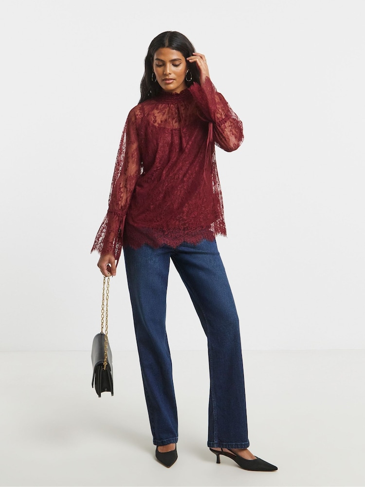 Simply Be Red Eyelash Lace Top With Sleeve Detail - Image 2 of 4 Simply Be Red Eyelash Lace Top With Sleeve Detail - Image 2 of 4