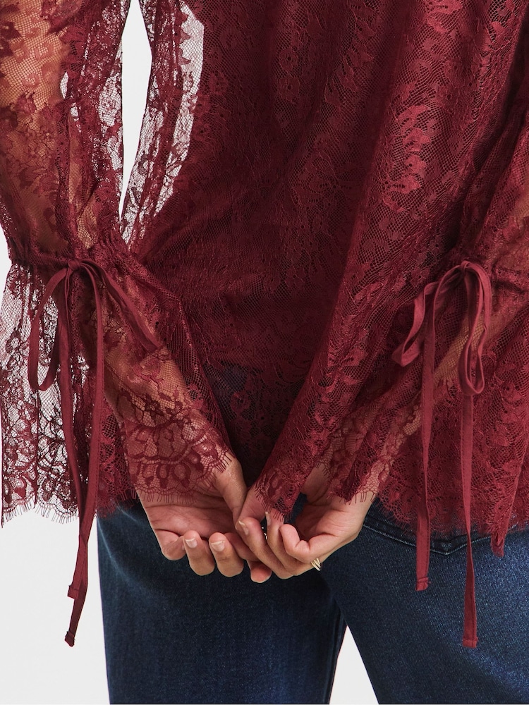 Simply Be Red Eyelash Lace Top With Sleeve Detail - Image 4 of 4