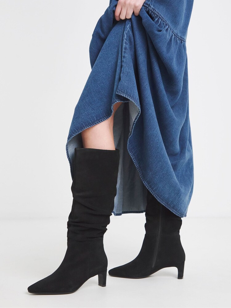 JD Williams Black Extra Wide Fit Anthology Premium Ruched Real Suede Kitten Heel Boots - Image 1 of 4