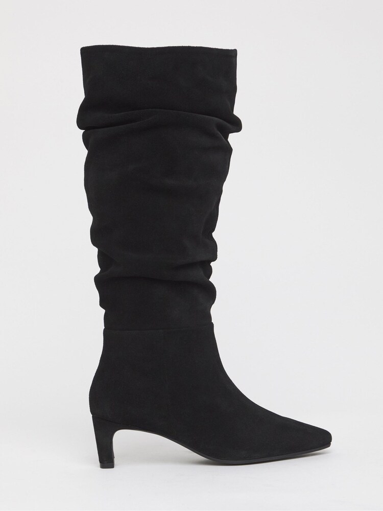 JD Williams Black Extra Wide Fit Anthology Premium Ruched Real Suede Kitten Heel Boots - Image 2 of 4