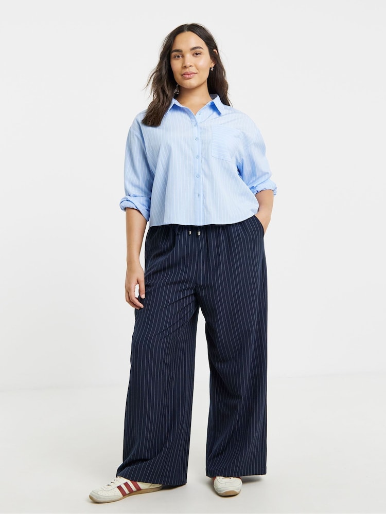 Simply Be Blue Pinstripe Drawcord Wide Leg Trousers - Image 1 of 4