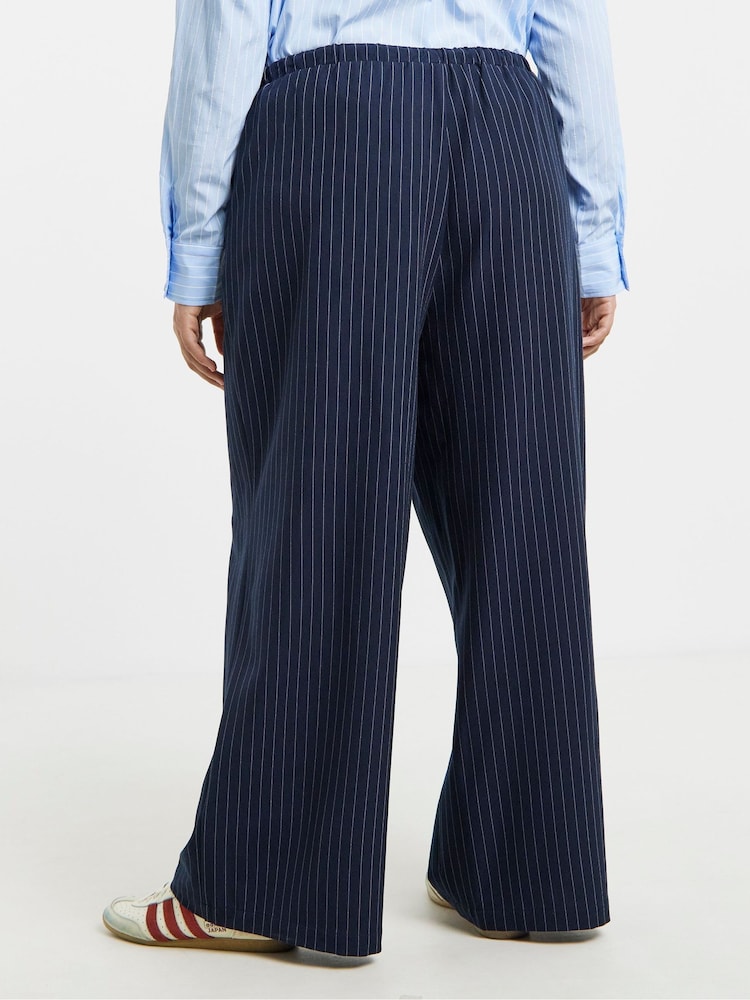 Simply Be Blue Pinstripe Drawcord Wide Leg Trousers - Image 2 of 4