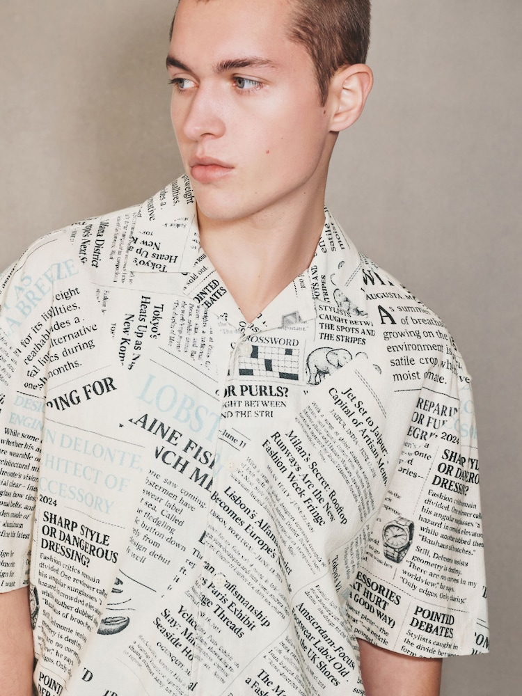 White Newspaper Print Short Sleeve Shirt - Image 1 of 7 White Newspaper Print Short Sleeve Shirt - Image 1 of 7