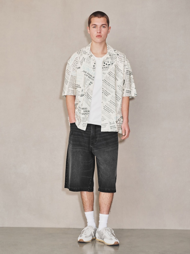 White Newspaper Print Short Sleeve Shirt - Image 2 of 7 White Newspaper Print Short Sleeve Shirt - Image 2 of 7