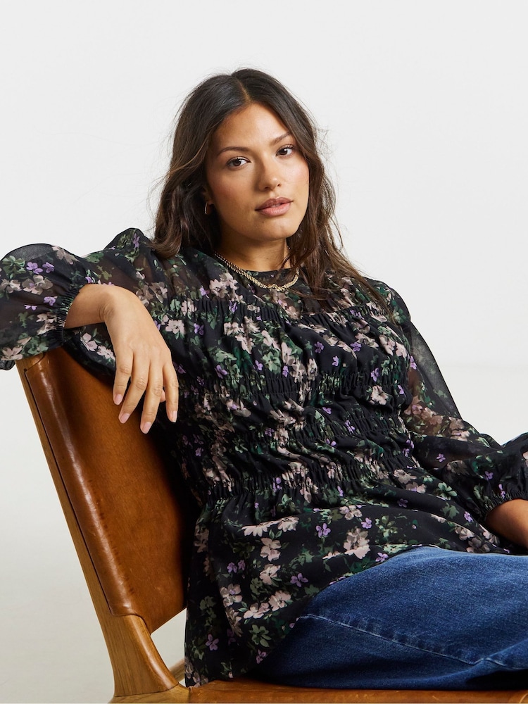 Simply Be Black Georgette Shirred Blouse - Image 1 of 3 Simply Be Black Georgette Shirred Blouse - Image 1 of 3