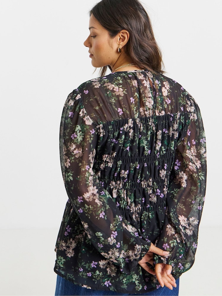 Simply Be Black Georgette Shirred Blouse - Image 2 of 3