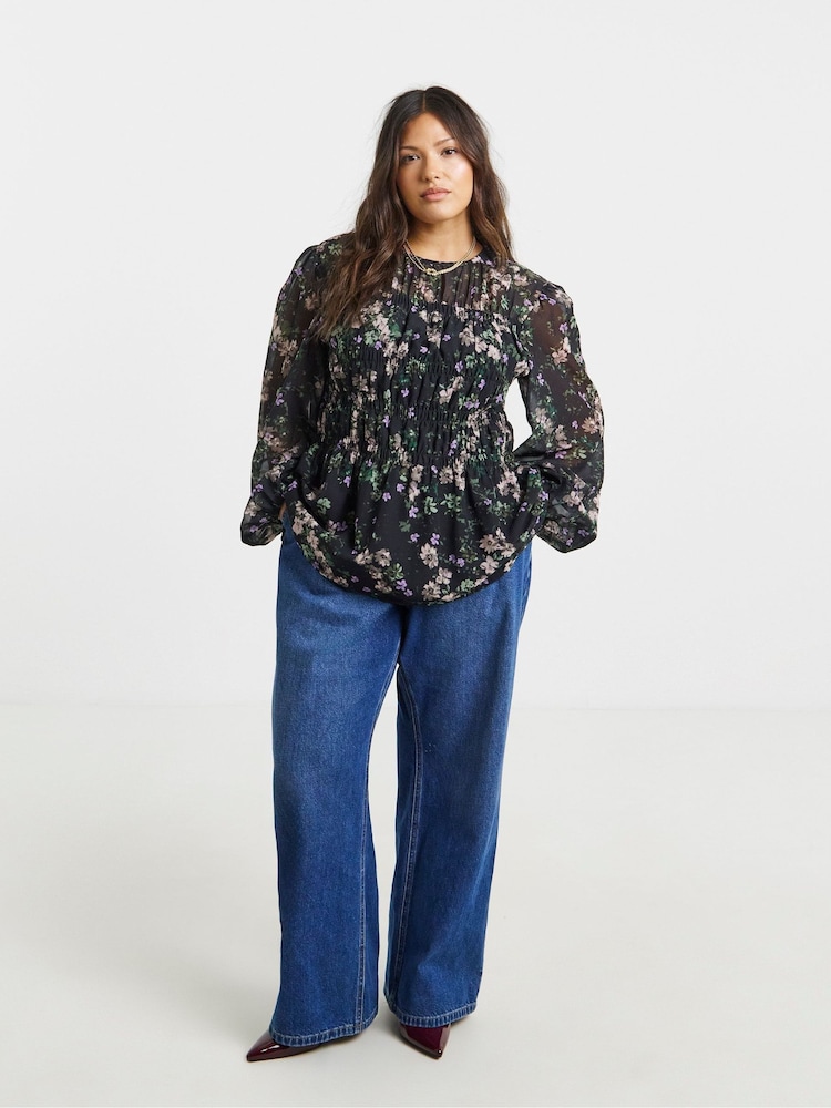 Simply Be Black Georgette Shirred Blouse - Image 3 of 3 Simply Be Black Georgette Shirred Blouse - Image 3 of 3