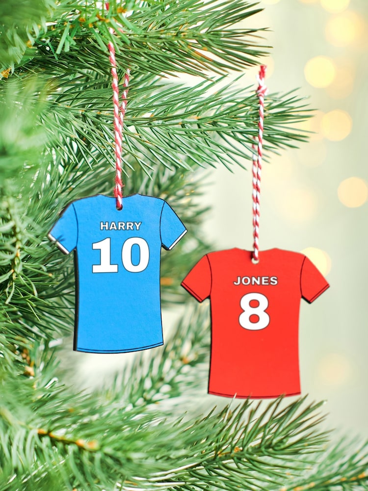Personalised Football Shirt Christmas Decoration by Oakdene - Image 1 of 1 Personalised Football Shirt Christmas Decoration by Oakdene - Image 1 of 1