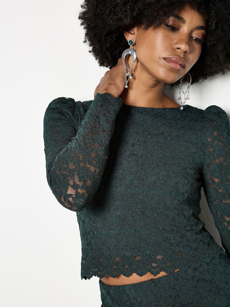 Apricot Green Leaf Corded Lace Long Sleeve Top - Image 1 of 4