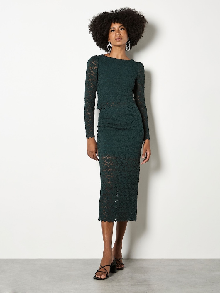 Apricot Green Leaf Corded Lace Long Sleeve Top - Image 2 of 4