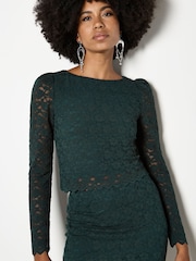Apricot Green Leaf Corded Lace Long Sleeve Top - Image 3 of 4