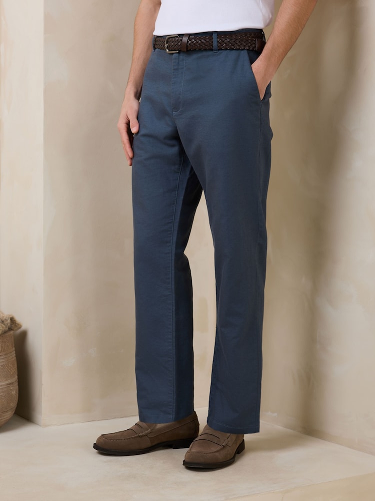 Zils - Standarta piegriezuma elegantas lina un kokvilnas Blend bikses ar jostu - Attēls 1 no 5