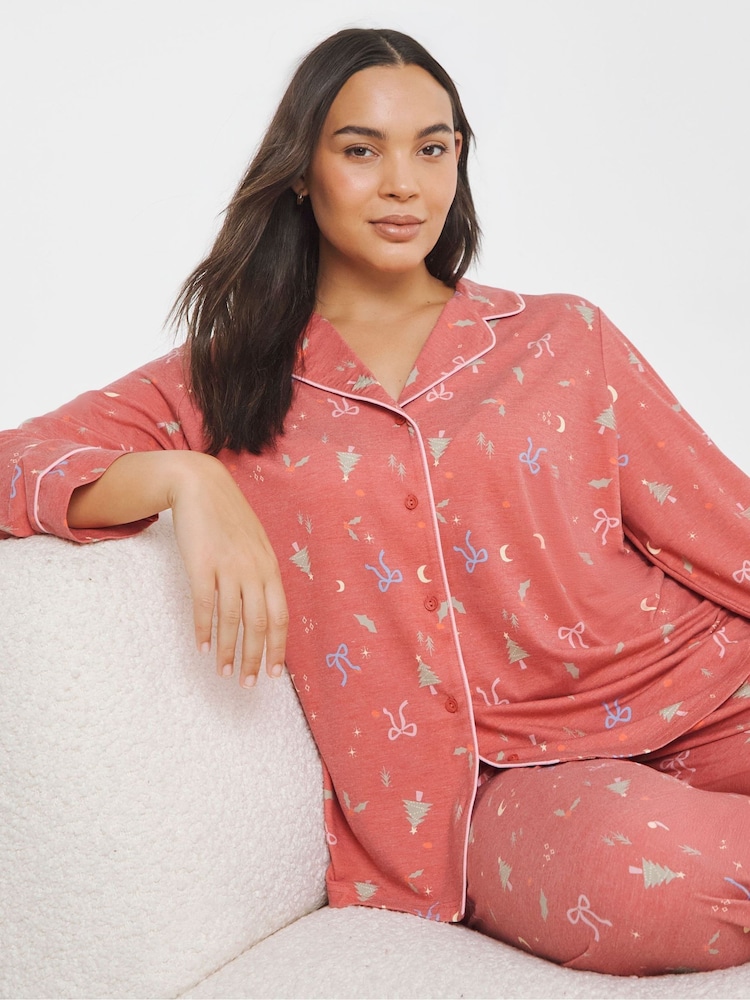 Simply Be Red Pretty Lounge Revere Pyjamas Set - Image 1 of 4 Simply Be Red Pretty Lounge Revere Pyjamas Set - Image 1 of 4