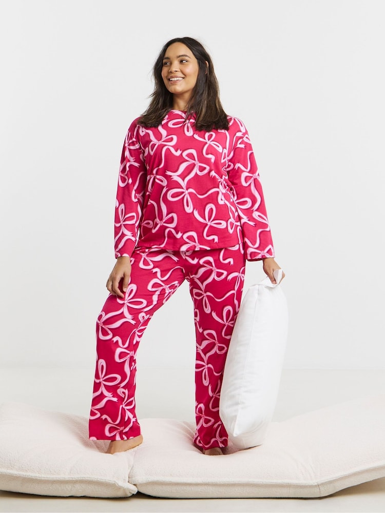 Simply Be Bow Print Long Sleeve Pyjamas Set - Slika 1 iz 4