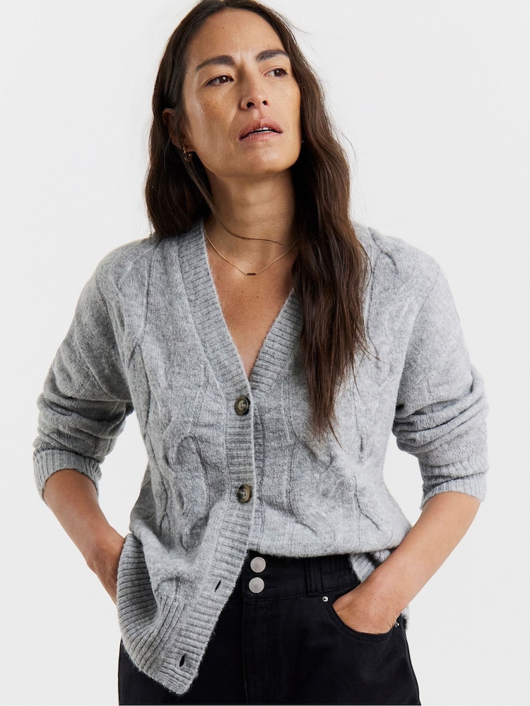 JD Williams Grey Sponge Cable Knit V-Neck Cardigan - Image 1 of 4