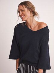JD Williams Blue Anthology Premium Half Sleeve V-Neck Knitted Jumper With Wool - Image 1 of 6
