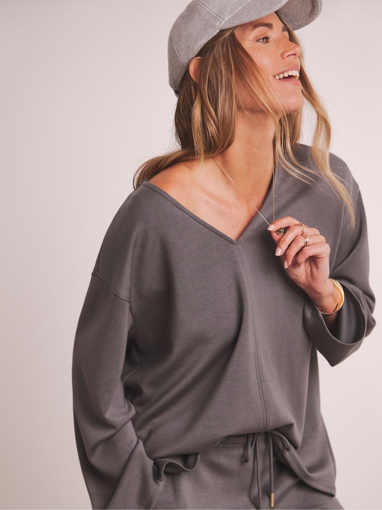 JD Williams Grey Anthology Premium V-Neck Seam Detail Modal Sweatshirt - Image 1 of 6