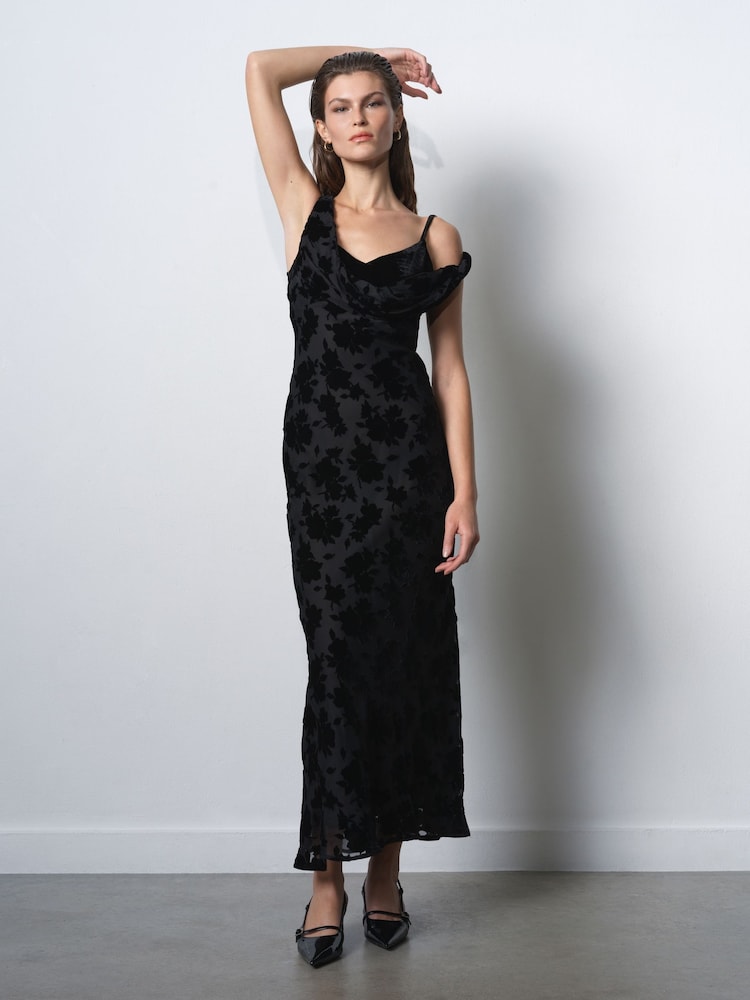 French Connection Black Kara Burnout Twisted Midi Dress - Image 1 of 6 French Connection Black Kara Burnout Twisted Midi Dress - Image 1 of 6