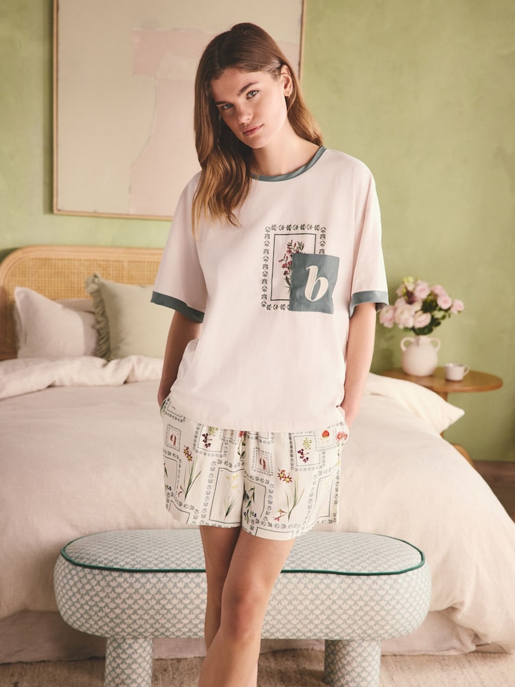 B by Ted Baker Cream/Green Cotton Viscose Pyjama Shorts Set - Image 1 of 6