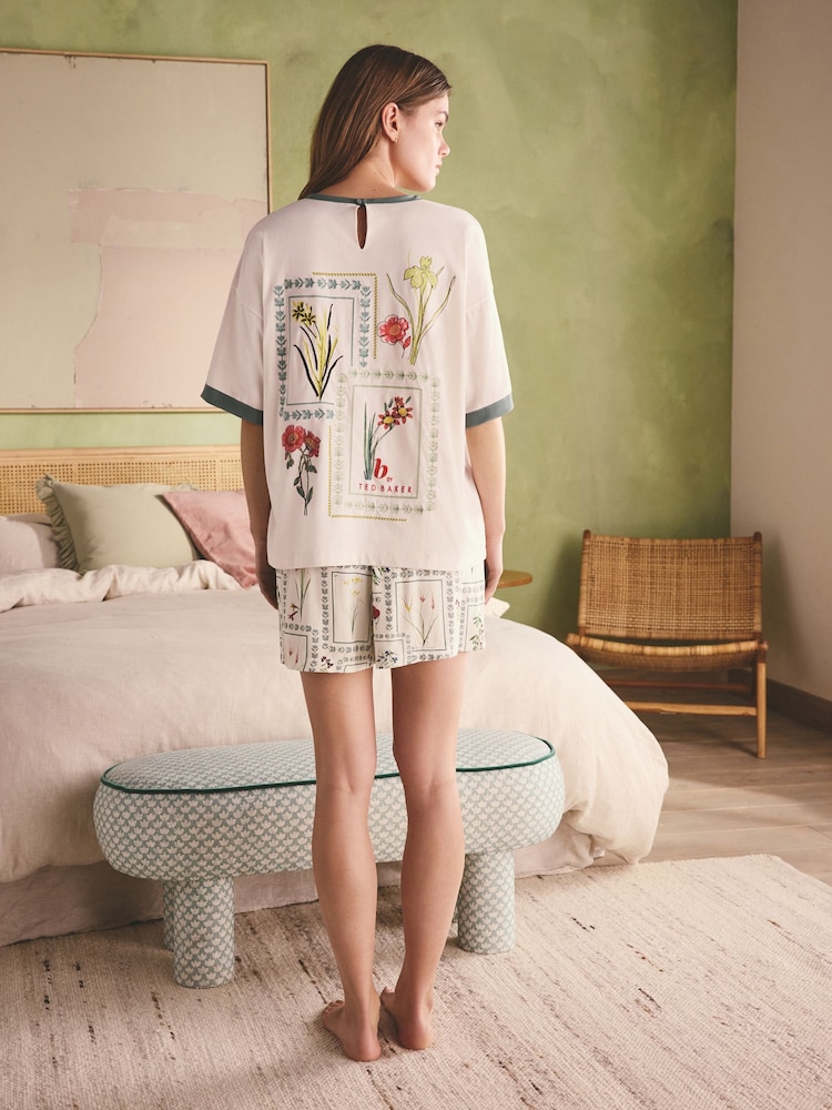 B by Ted Baker Cream/Green Cotton Viscose Pyjama Shorts Set - Image 2 of 6