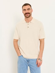 FatFace Portloe Natural Knitted Polo Shirt - Image 1 of 6