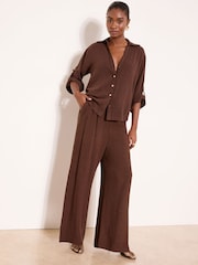Lipsy Chocolate Brown Petite Wide Leg Touch of Linen Trousers - Image 3 of 4