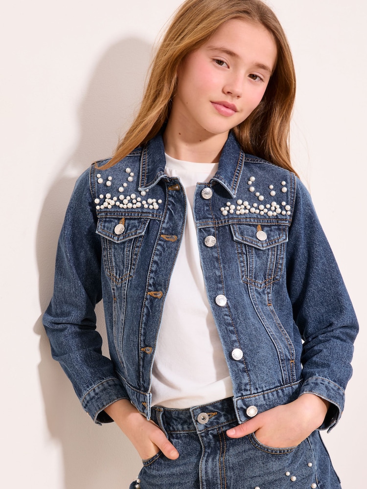 Lipsy Dark Wash Blue Embellished Denim Jacket (5-16yrs) - Image 2 of 4 Lipsy Dark Wash Blue Embellished Denim Jacket (5-16yrs) - Image 2 of 4