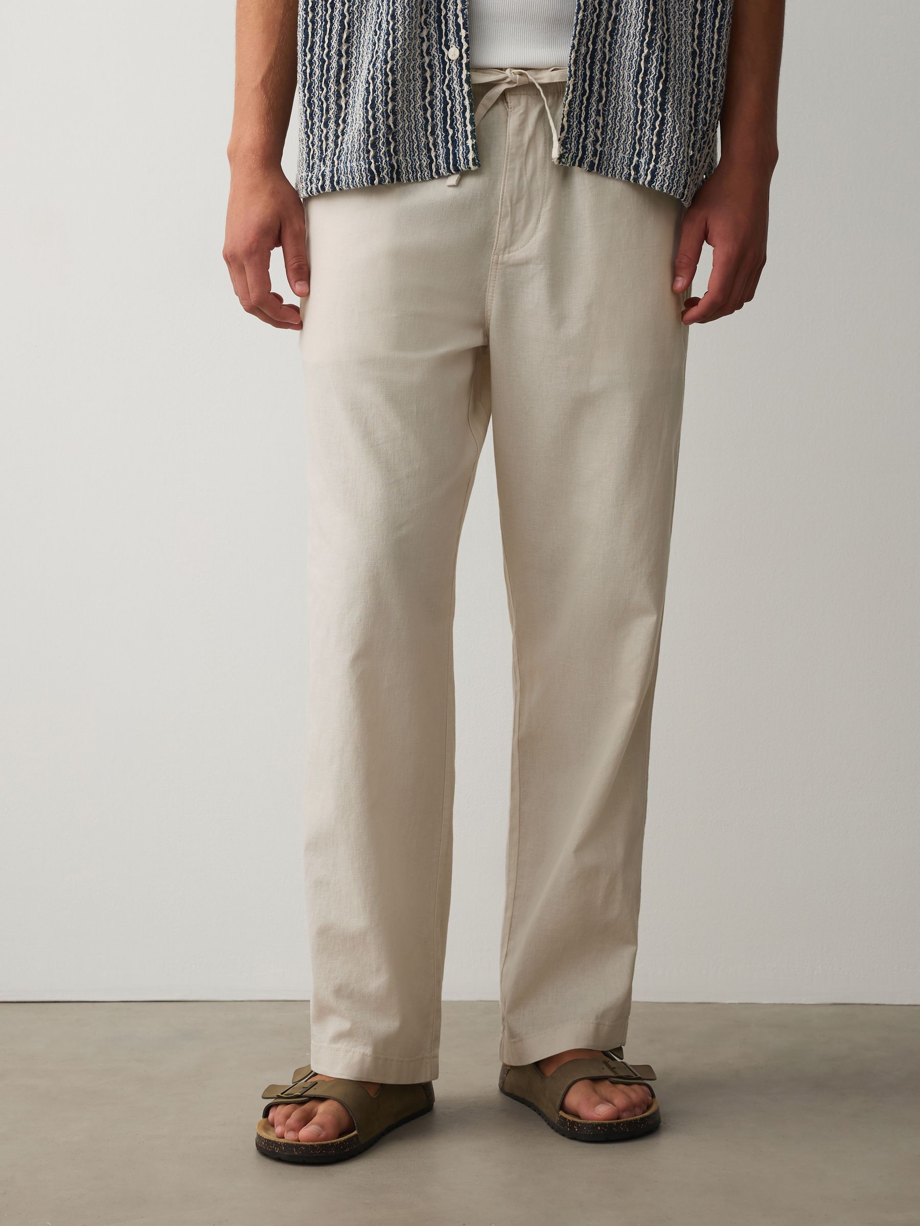 Buy Ecru Relaxed Fit Linen Cotton Blend Trousers With Elasticated
