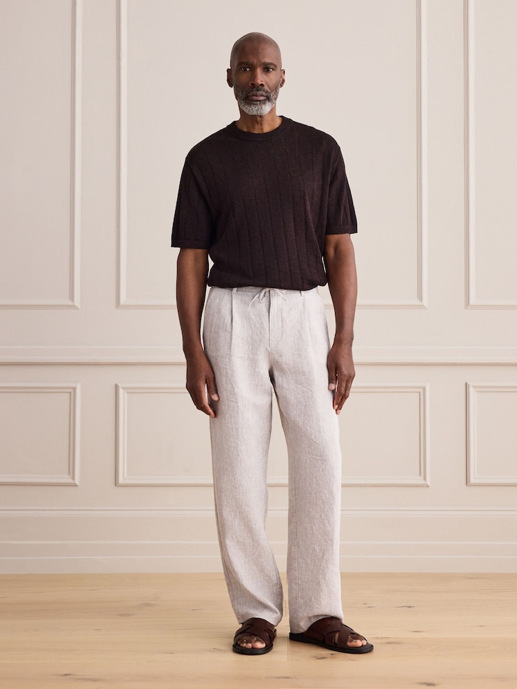 Light Grey Relaxed Fit Signature Linen Pleated Chino Trousers - Image 2 of 6